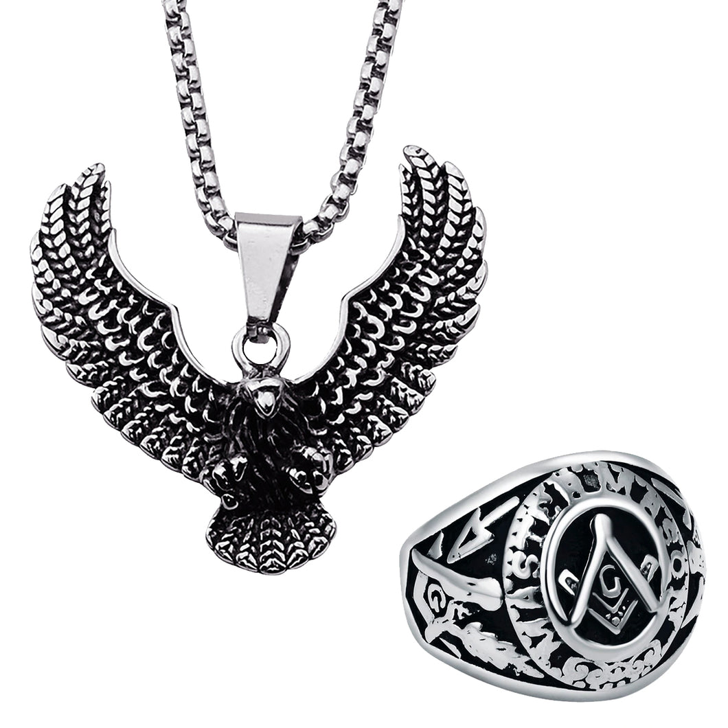GUNGNEER Masonic Ring For Men Stainless Steel Eagle Wing Pendant Necklace Jewelry Set