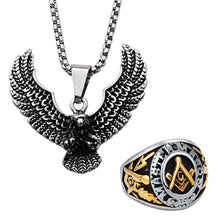 Load image into Gallery viewer, GUNGNEER Masonic Ring For Men Stainless Steel Eagle Wing Pendant Necklace Jewelry Set