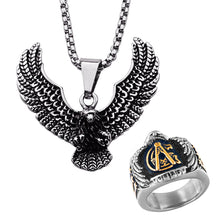 Load image into Gallery viewer, GUNGNEER Men&#39;s Signet Freemason Ring Stainless Steel Eagle Wing Necklace Jewelry Set