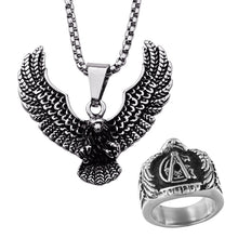 Load image into Gallery viewer, GUNGNEER Men&#39;s Signet Freemason Ring Stainless Steel Eagle Wing Necklace Jewelry Set
