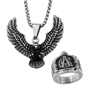GUNGNEER Men's Signet Freemason Ring Stainless Steel Eagle Wing Necklace Jewelry Set