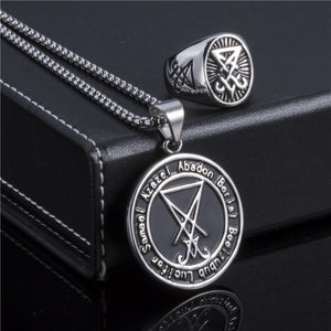 GUNGNEER Set Sigil Of Lucifer Ring And Pendant Necklace Satan Symbol Jewelry For Men