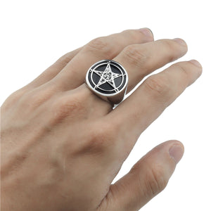 GUNGNEER Satanic Pentagram Baphomet Ring Goat Head Pendant Necklace Jewelry Set