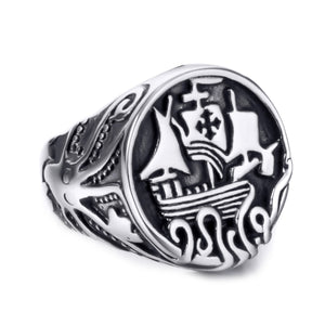GUNGNEER Viking Ship Knights Templar Cross Ring with Bracelet Stainless Steel Jewelry Set