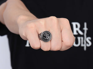 GUNGNEER Punk Stainless Steel Leather Skull Wristband Charm Bangles Bracelet Ring Jewelry Set