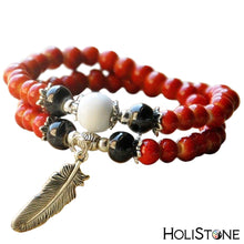 Load image into Gallery viewer, HoliStone Double Layer Ceramic Bead Bracelet with Feather Charm Elastic Bangle for Women Men