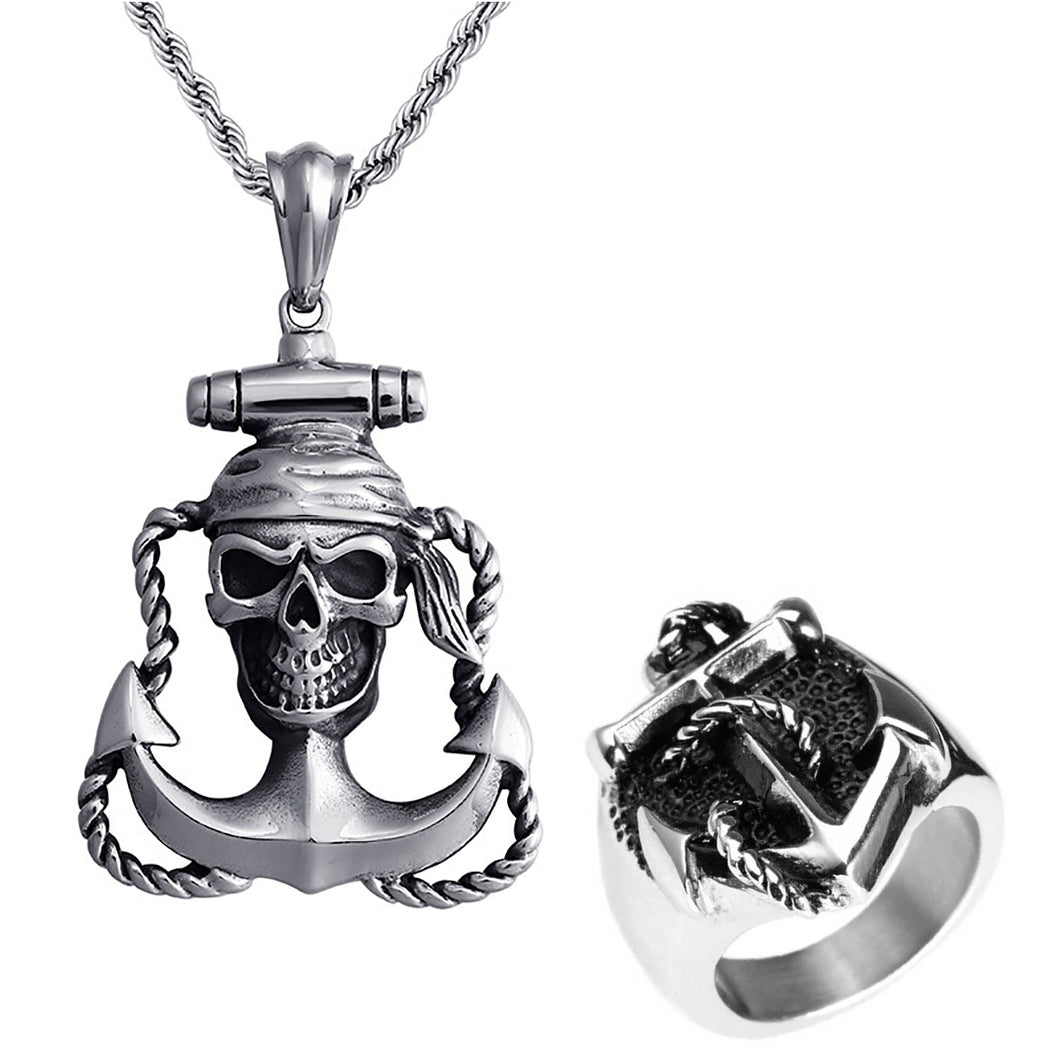 GUNGNEER Men Stainless Steel US Navy Anchor Ring Skull Necklace Military Nautical Jewelry Set