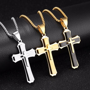 GUNGNEER Cross Necklace Stainless Steel Multilayer Christian Jewelry Gift For Men Women