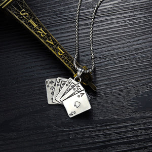 GUNGNEER Vintage Silvertone Stainless Steel Straight Flush Poker Card Lucky Pendant Necklace