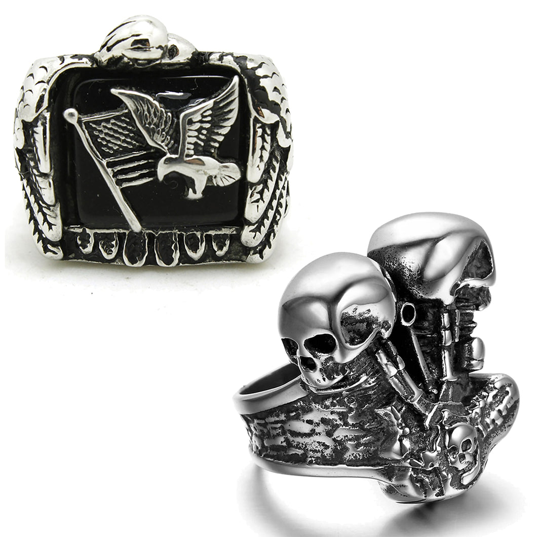 GUNGNEER 2 Pcs Stainless Steel Biker Skeleton Skull Ring Gothic Protection Jewelry Set Men
