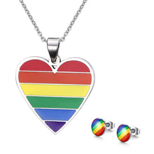 Load image into Gallery viewer, GUNGNEER Lesbian Gay Heart Shaped Pride Necklace Stainless Steel Rainbow Earrings Jewelry Set