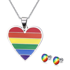 GUNGNEER Lesbian Gay Heart Shaped Pride Necklace Stainless Steel Rainbow Earrings Jewelry Set