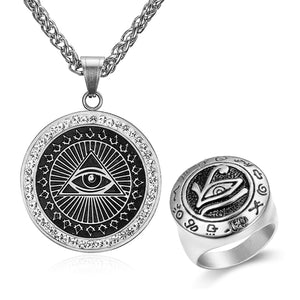 GUNGNEER Stainless Steel Egyptian Eye of Horus Ankh Cross Pendant Necklace Ring Jewelry Set