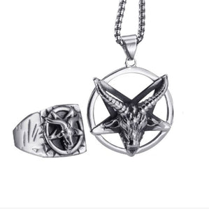 GUNGNEER Stainless Steel Baphomet Necklace Ring Combo Satanic Goat Head Jewelry For Men