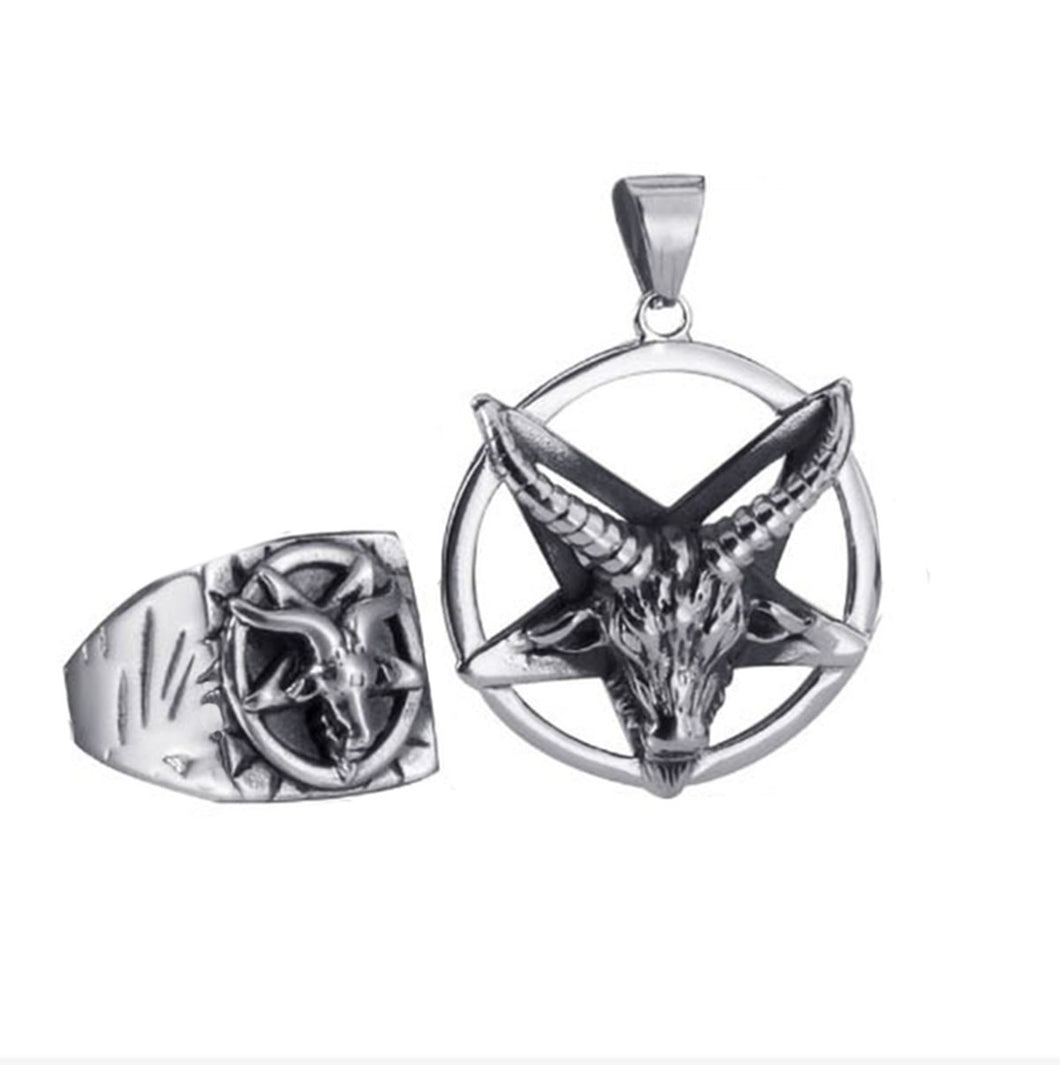 GUNGNEER Stainless Steel Baphomet Necklace Ring Combo Satanic Goat Head Jewelry For Men