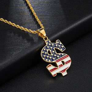 GUNGNEER Stainless Steel US America Flag Star Stripe Dollar Pendant Necklace Jewelry Men Women