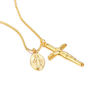 GUNGNEER Stainless Steel Virgin Mary Christian Cross Medal Pendant Necklace Jewelry Accessories