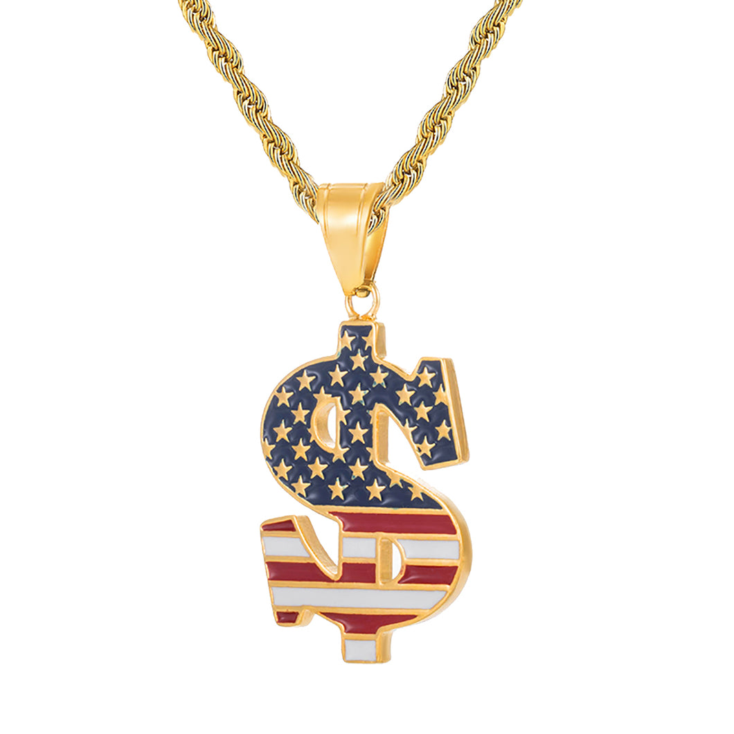 GUNGNEER Stainless Steel US America Flag Star Stripe Dollar Pendant Necklace Jewelry Men Women