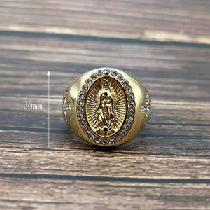 GUNGNEER Stainless Steel Iced Out Virgin Mary Ring Miraculous Christian Jewelry Men Women