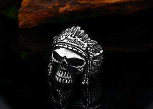 GUNGNEER Indian Tribal Skull Stainless Steel Ring Punk Gothic Biker Halloween Jewelry Men Women