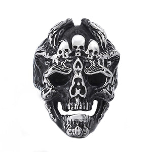 GUNGNEER Silver Tone Skull Stainless Steel Biker Ring Halloween Jewelry Accessories Men Women
