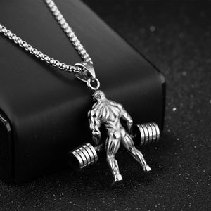 GUNGNEER Stainless Steel Fitness Muscular Man Weightlifting Pendant Necklace Workout Jewelry
