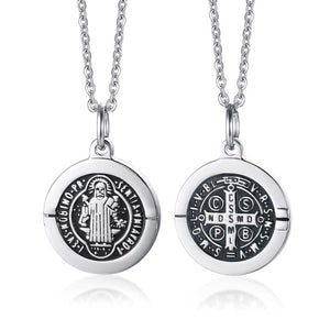 GUNGNEER Stainless Steel Saint Benedict Medal Pendant Necklace with Bracelet Jewelry Set