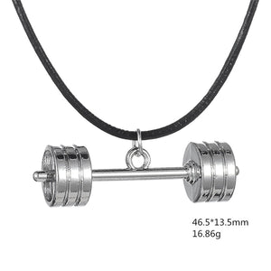 GUNGNEER Barbell Charm With Black Leather Pendant Necklace Fitness Gym Jewelry Men Women