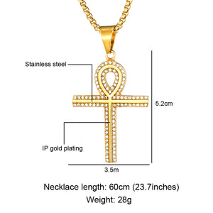 GUNGNEER Egypt Crystal Ankh Cross Charm Necklace Geometric Ring Stainless Steel Jewelry Set