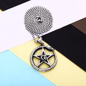 GUNGNEER Pearl Chain Masonic Necklace Stainless Steel Biker Ring For Men Jewelry Set