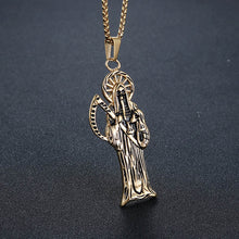 Load image into Gallery viewer, GUNGNEER Stainless Steel Goldtone Sickle Death Grim Reaper Pendant Necklace Gothic Skull Jewelry