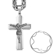 Load image into Gallery viewer, GUNGNEER Men Stainless Steel Christian Cross Byzantine Necklace Bracelet Jesus Jewelry Set