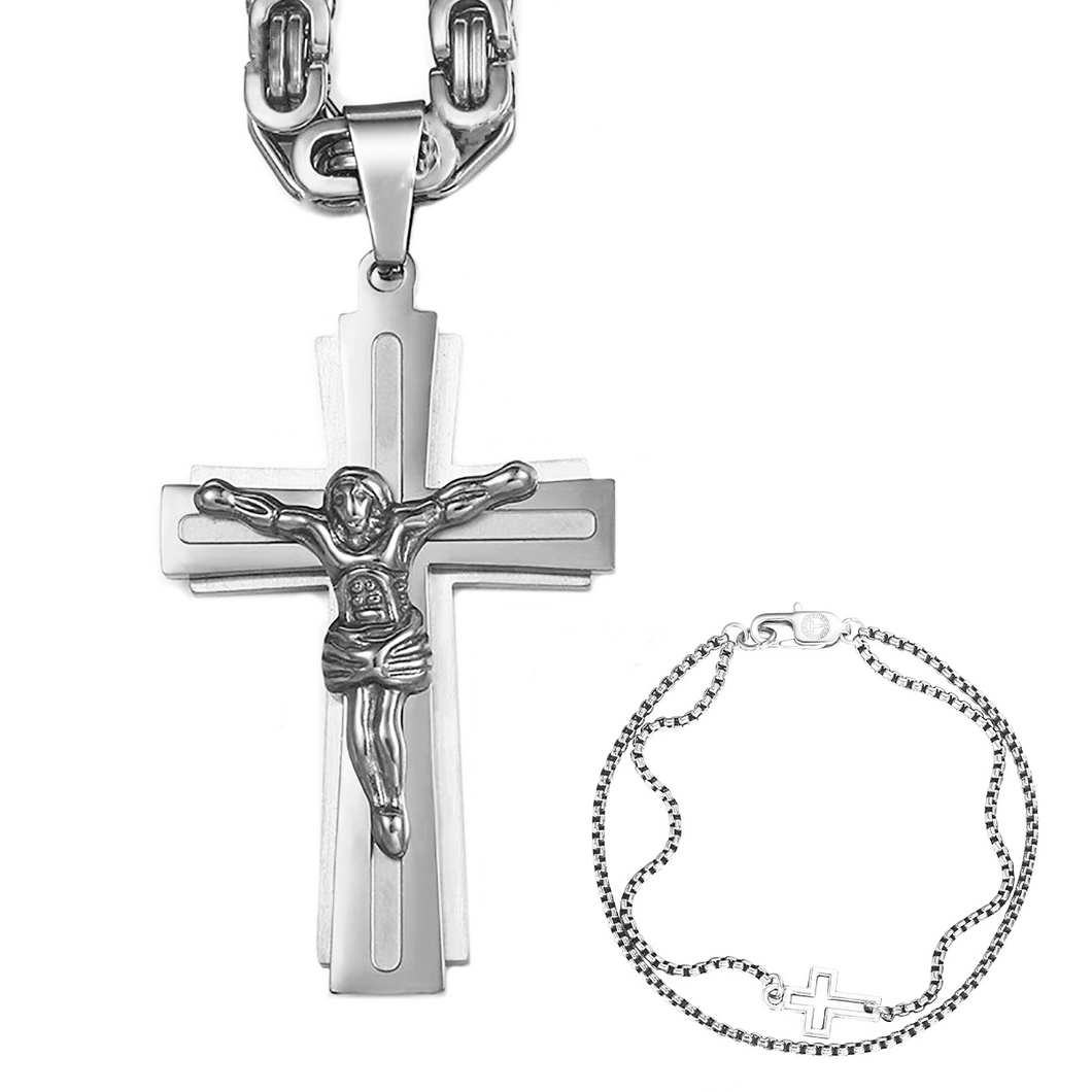 GUNGNEER Men Stainless Steel Christian Cross Byzantine Necklace Bracelet Jesus Jewelry Set