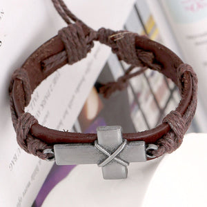 GUNGNEER Genuine Leather Cross Bracelet Christian Cross Jewelry Accessory For Men Women