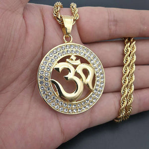 GUNGNEER Stainless Steel Hindu Yoga Ohm Necklace Buddhist Mantra Ring Jewelry Set For Men