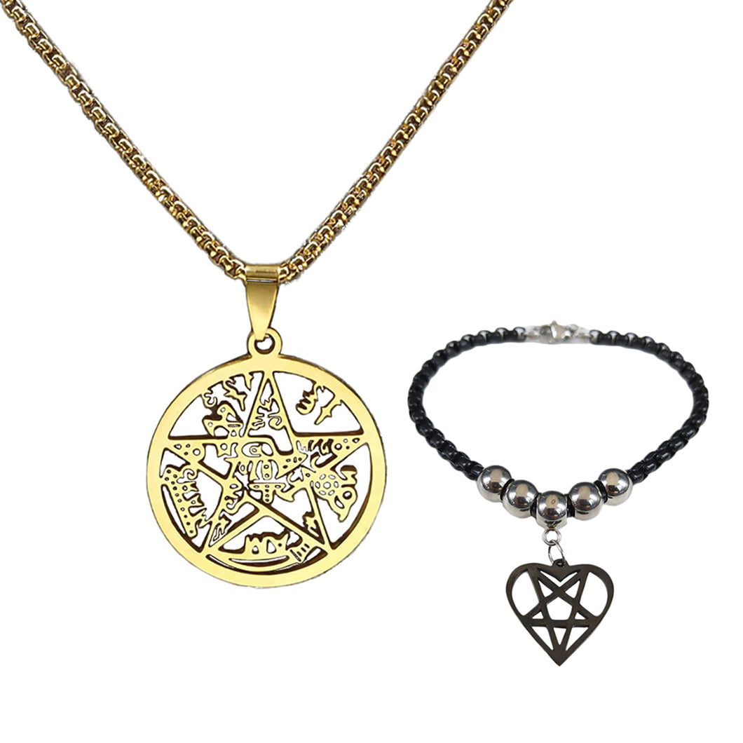 GUNGNEER Pentagram Pentacle Stainless Steel Necklace Heart Satan Beaded Bracelet Jewelry Set