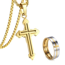 Load image into Gallery viewer, GUNGNEER Stainless Steel Double Layer Christian Cross Ring Pendant Necklace Jewelry Set