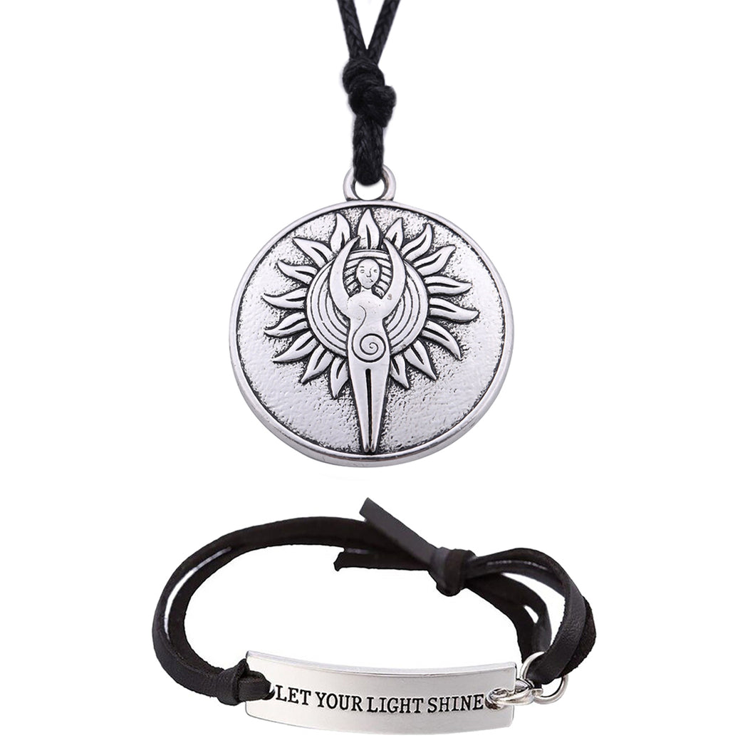 GUNGNEER Antique Wiccan Goddess Pendant Necklace Leather Bracelet Stainless Steel Jewelry Set