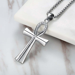 GUNGNEER Egyptian Ankh Cross Necklace Cuban Chain Bracelet Stainless Steel Pyramid Jewelry Set