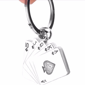 GUNGNEER Punk Silvertone Stainless Steel Straight Flush Poker Card Lucky Keychain Accessories