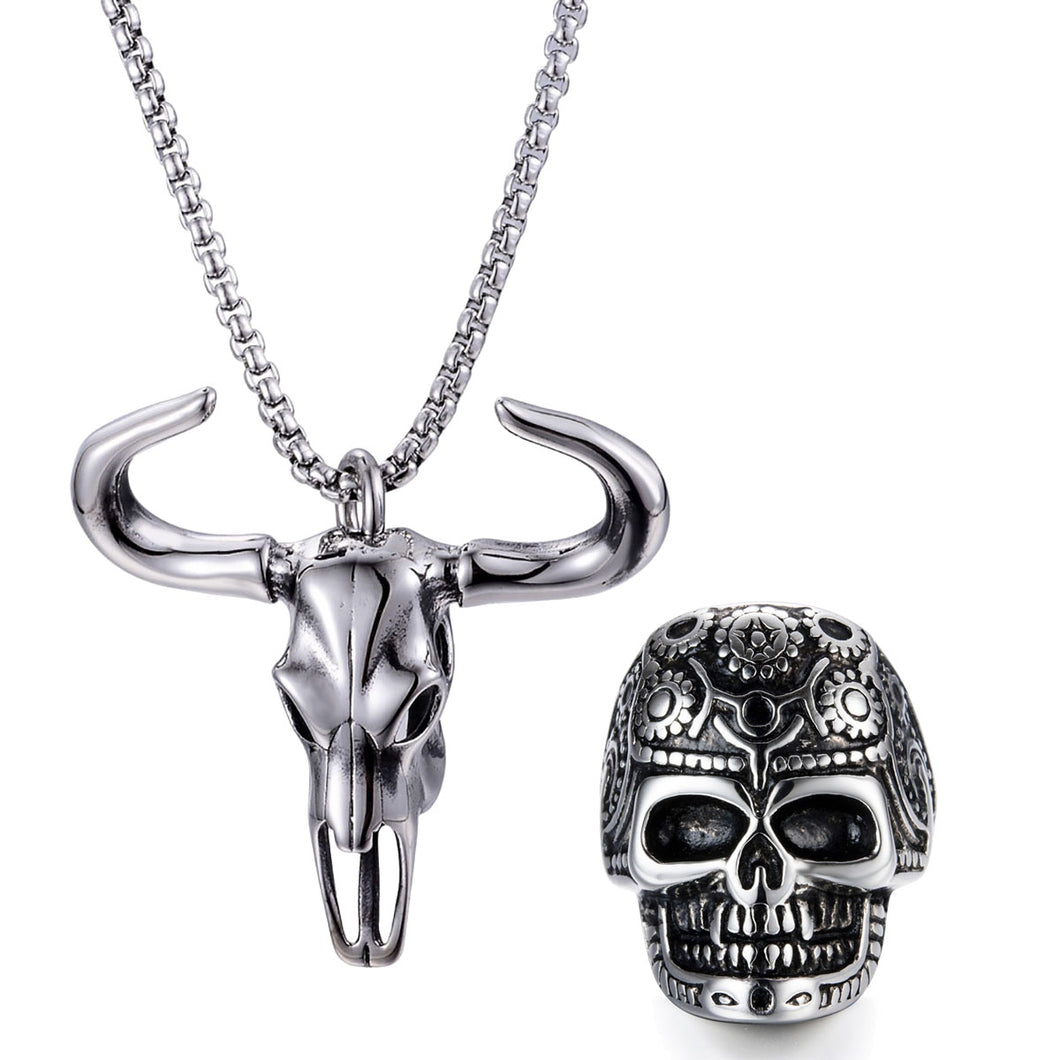 GUNGNEER Satan Skull Pendant Necklace Satanic Devil Skull Ring Jewelry Set Gift