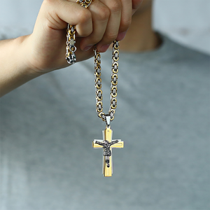 GUNGNEER Men Stainless Steel Christian Cross Byzantine Necklace Bracelet Jesus Jewelry Set
