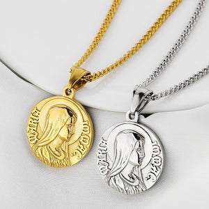 GUNGNEER Virgin Mary Round Stainless Steel Pendants Necklaces Chain Jewelry for Men Women