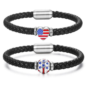 GUNGNEER Women Men Black Leather Braided Rope USA American Flag Heart Bracelet Charm Jewelry