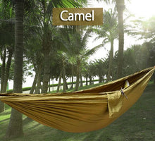 Load image into Gallery viewer, 2TRIDENTS Nylon Camping Hammock - Lightweight Portable Hammock, Parachute Double Hammock for Backpacking, Camping, Travel, Beach, Yard (Camel)