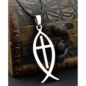 GUNGNEER Jesus Cross Necklace Ichthys Christ Fish Chain Jewelry Accessory For Men Women