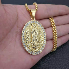 Load image into Gallery viewer, GUNGNEER Stainless Steel Iced Out Round Virgin Mary Pendant Necklace Christian Jewelry Women