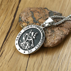 GUNGNEER St Christopher Necklace Cross Bible Bracelet Protect Us Prayer Stainless Steel Jewelry Set