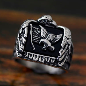 GUNGNEER Vintage Punk Stainless Steel Silvertone Eagle Pentagram US Flag Ring Jewelry Men