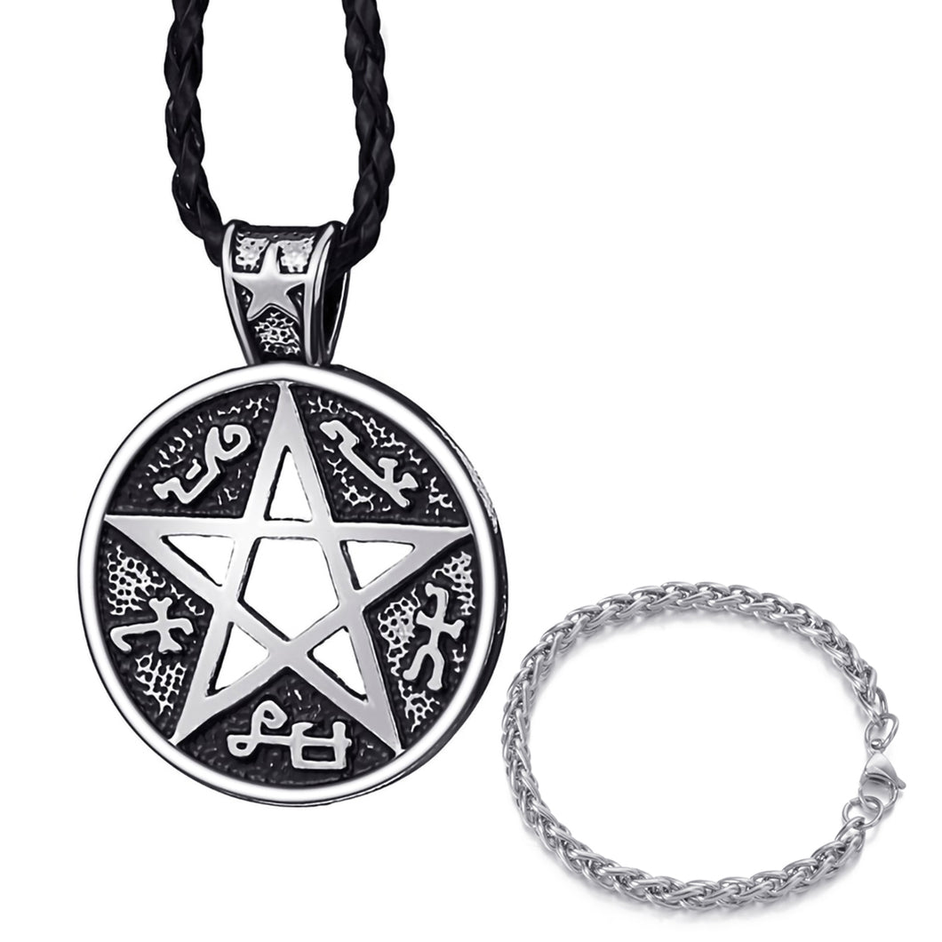 GUNGNEER Stainless Steel Pentagram Pentacle Necklace Curb Chain Bracelet Pagan Jewelry Set Women